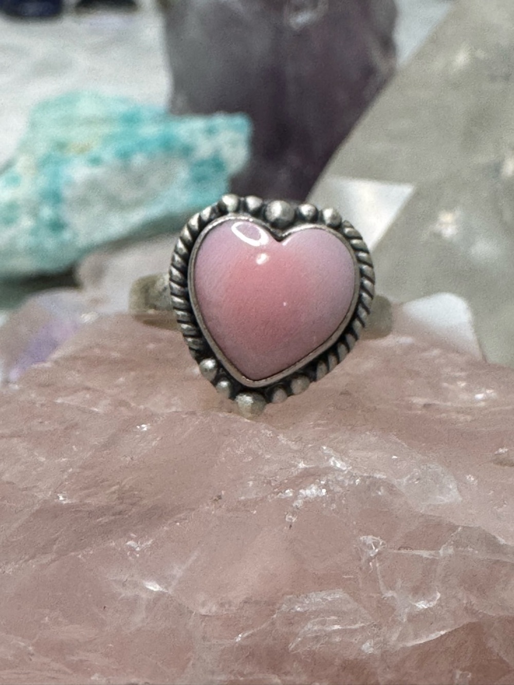 Pink Queen Conch Sterling Silver Southwestern Style Heart Ring - Adjustable size